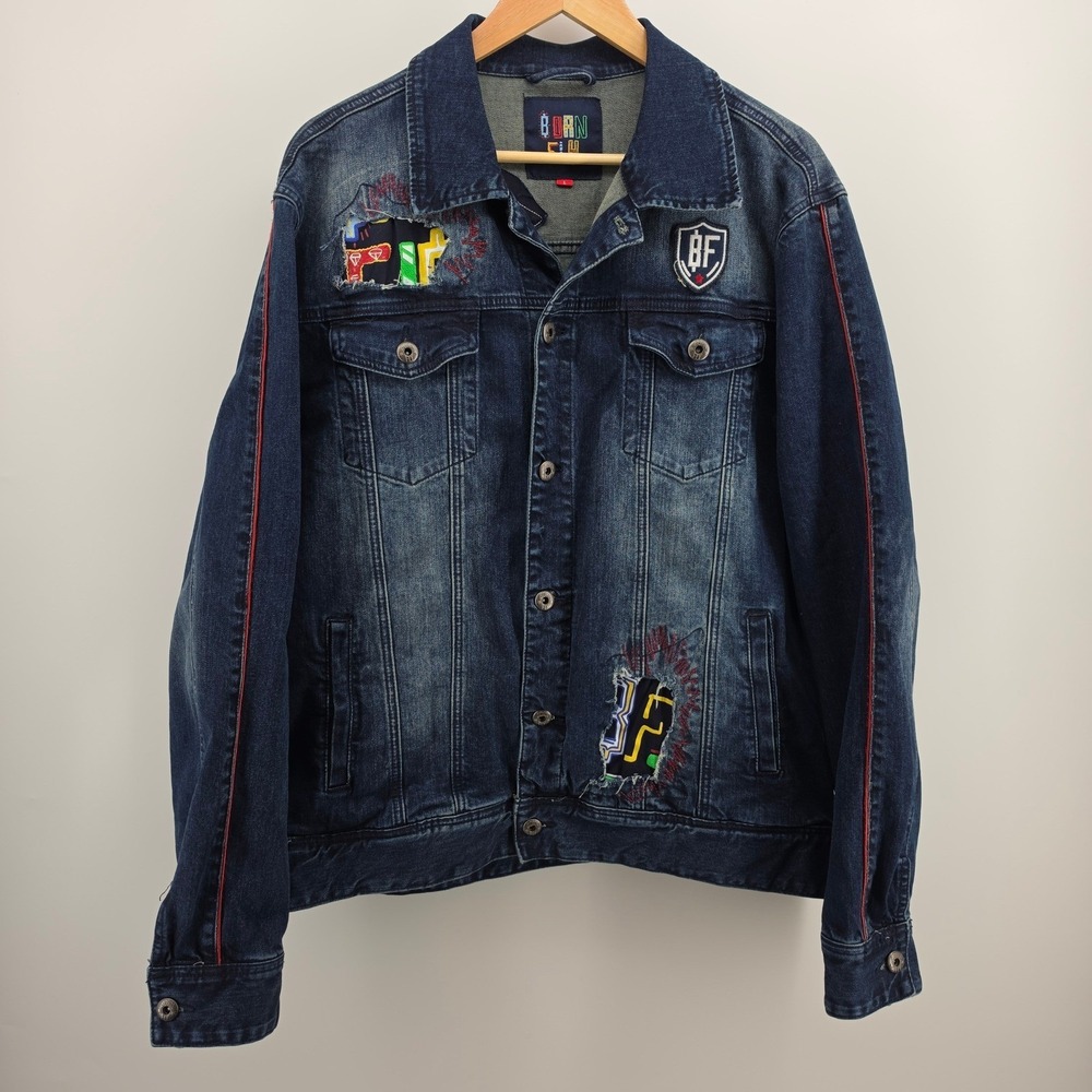 Born Fly Mens Denim Jacket Large Blue Distressed Embroidered Patch Trucker Coat